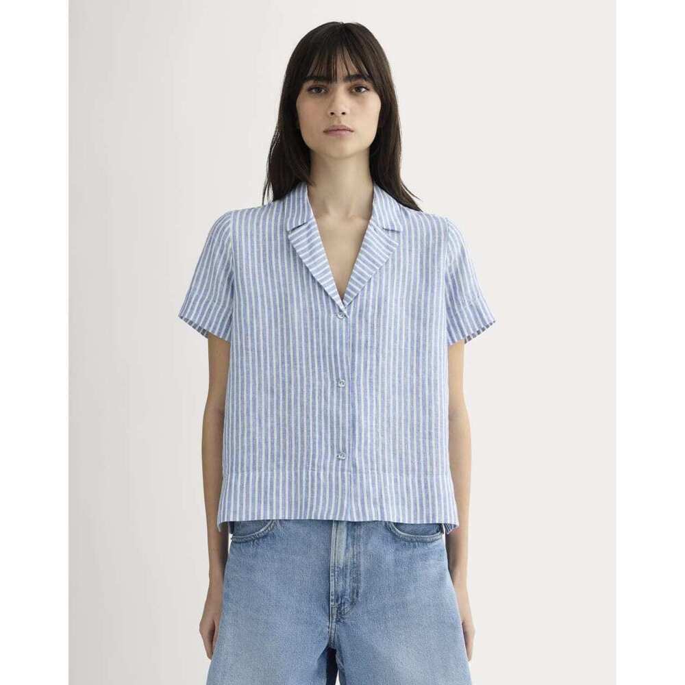 Everlane Women's Notch Shirt in Linen in Bluebell/Bone White, Size Medium